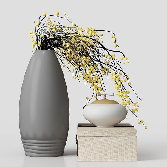 Elegant Grey Vase with Flowers 3D model