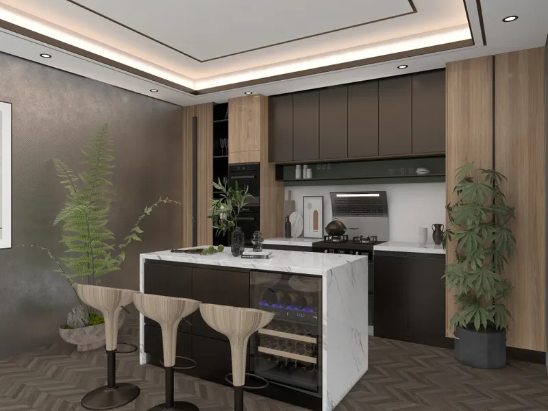 Modern kitchen with marble island three wood stools wine cooler dark cabinets and green plants
