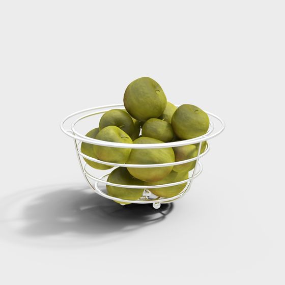 Elegant Metal Fruit Basket with Green Apples 3D model