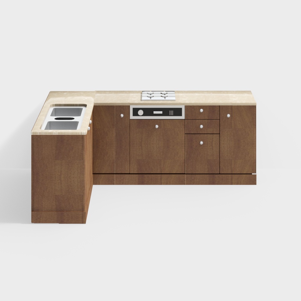 Elegant Low-Poly Kitchen Island 3D Model – Wood & Marble