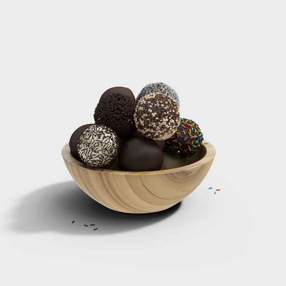 Chocolate Balls and Wooden Bowl 3D model