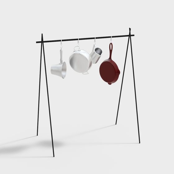 Minimalist Kitchen Pot Rack and Cookware 3D model