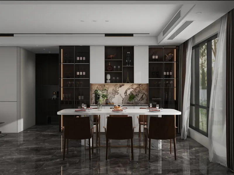 Modern dining room with marble table, brown chairs, wine cabinet, large windows, and dark floor
