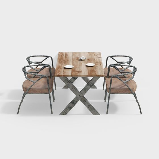 Vintage Industrial Dining Table and Chairs 3D model