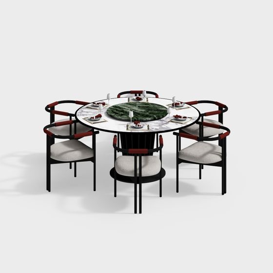 Elegant Round Table with Six Chairs 3D model