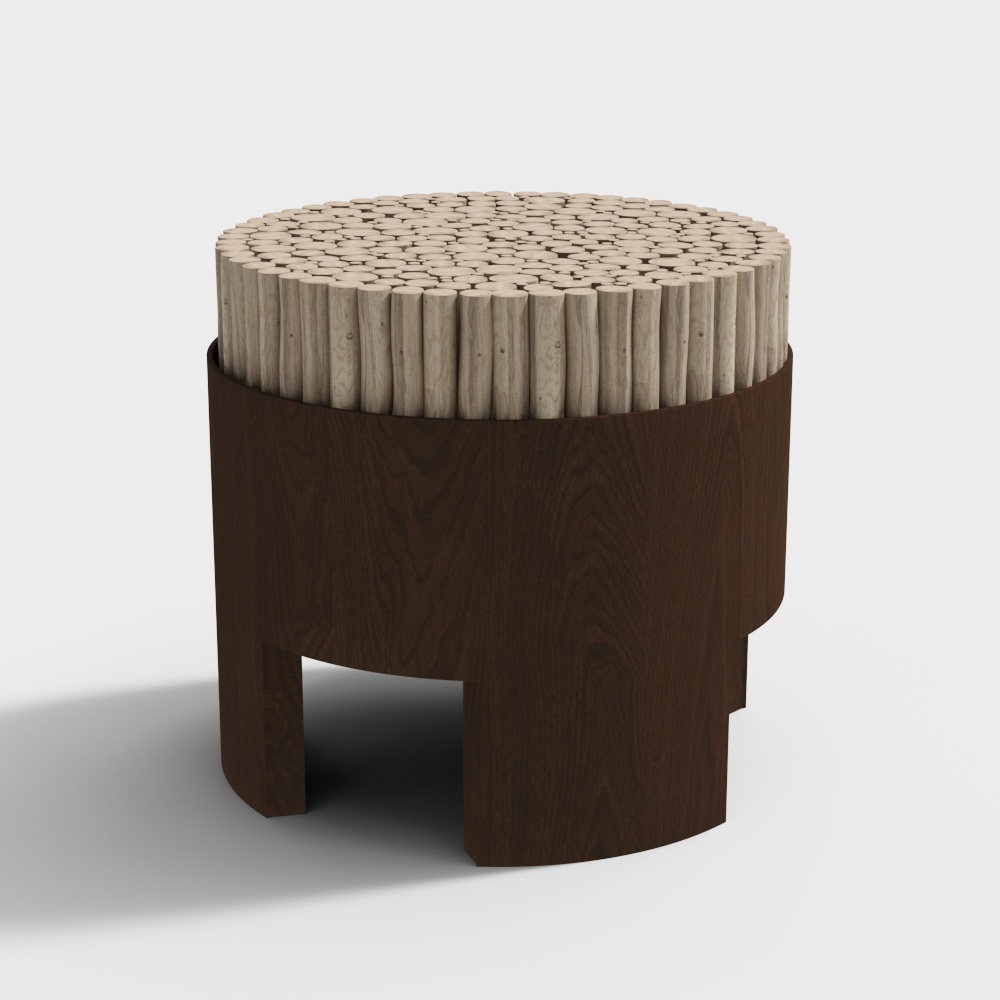 Unique Low-Polygon Cylinder Wooden Stool 3D model