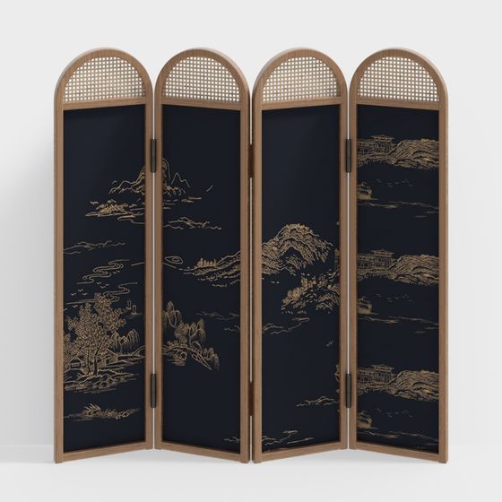Elegant 4-Panel Folding Screen 3D model