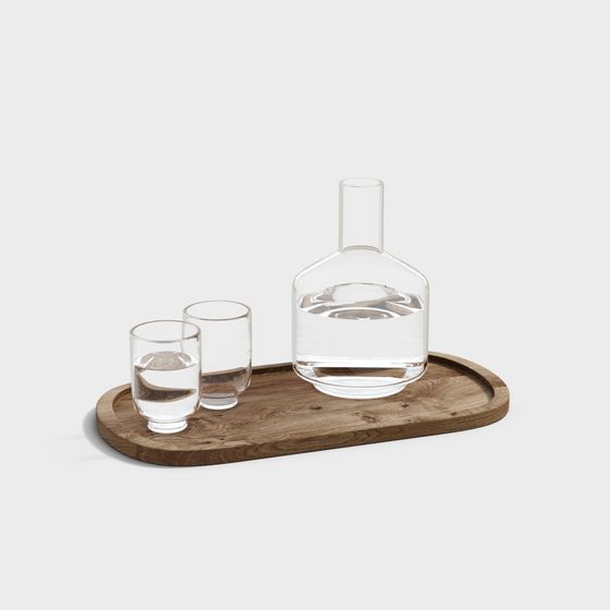 Elegant Wooden Tray and Glassware Set 3D model