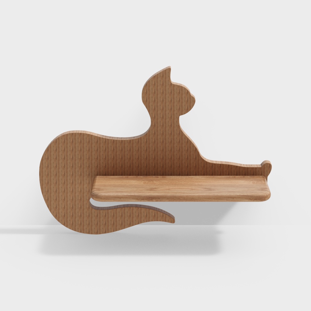 Cat-shaped Wall Shelf 3D Model – Low-poly Wood Design