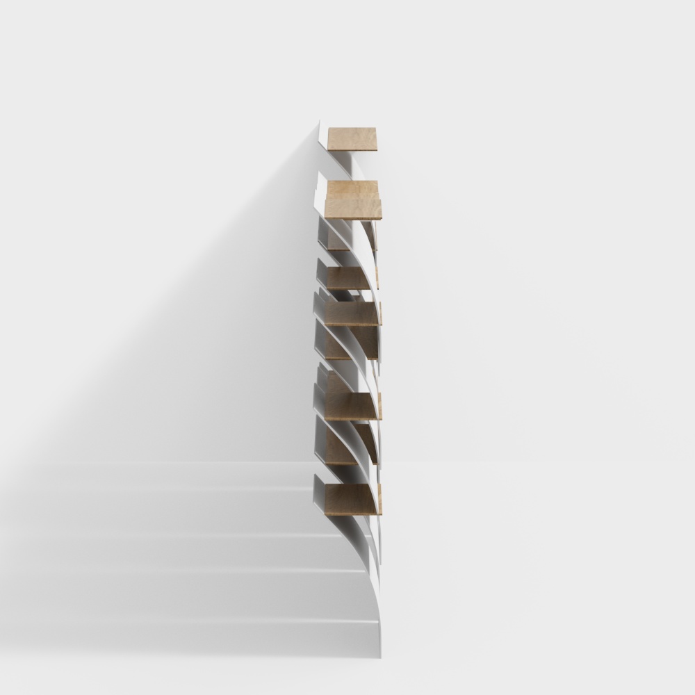 Elegant Spiral Staircase 3D Model – Warm Wood & White Railings