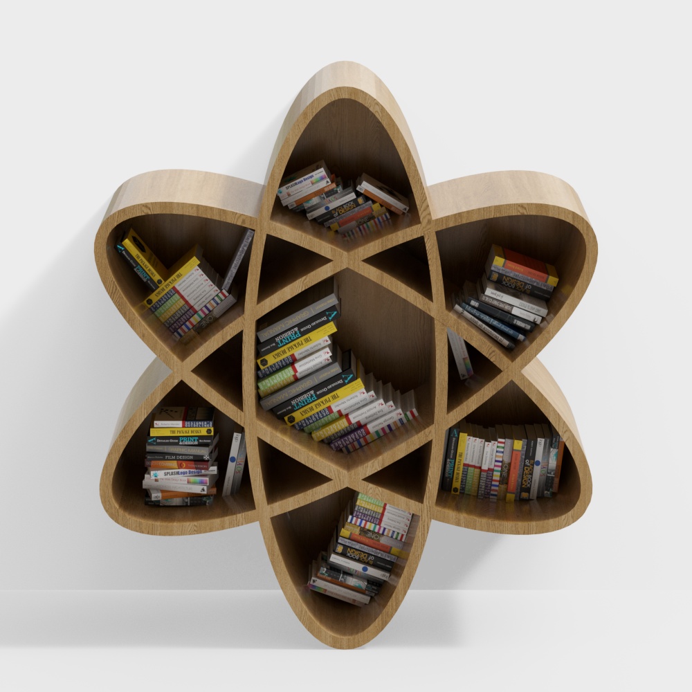 Elegant Petal Shaped Bookshelf 3D Model – Natural Wood Design