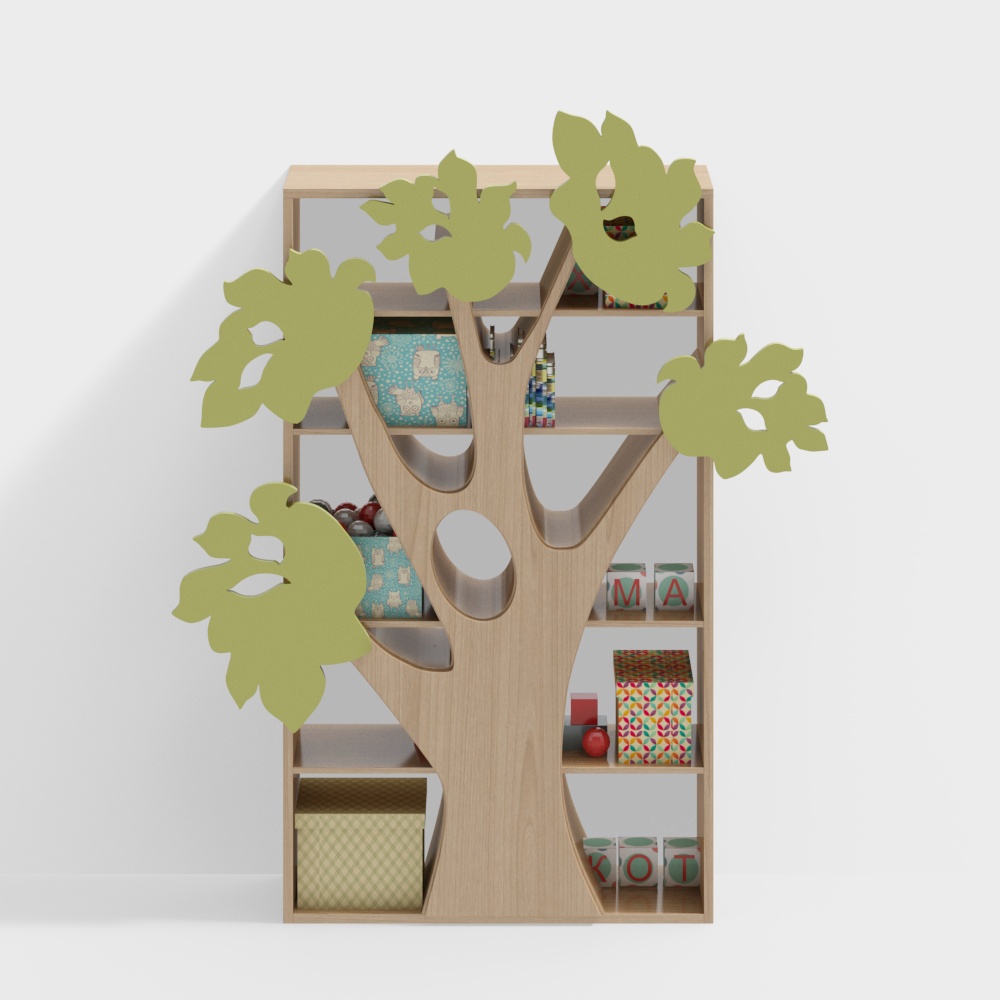 Whimsical Tree House Bookcase 3D Model – Low-Poly Wood Design