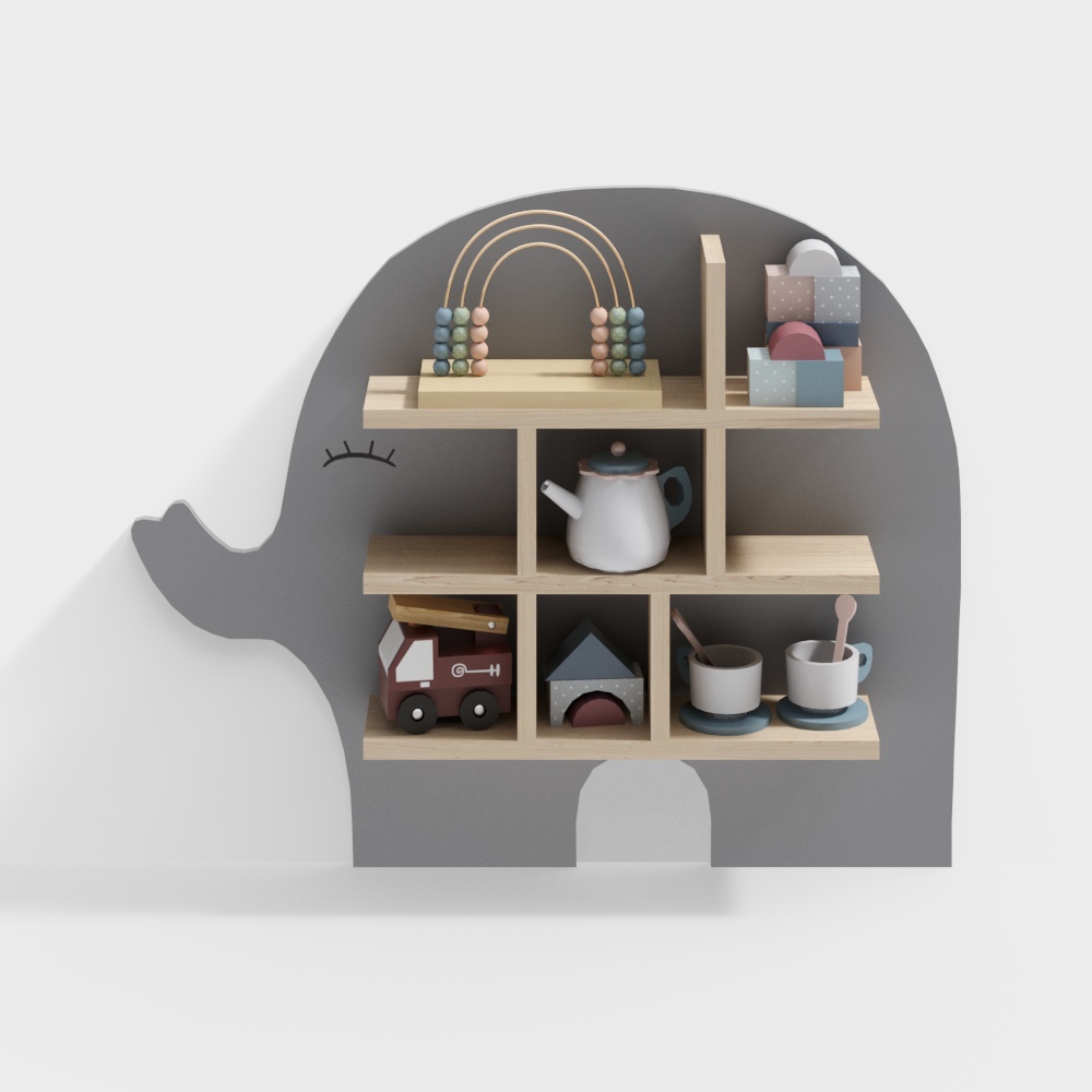 Elephant Shelf 3D Model – Low-Poly Wood Bookshelf