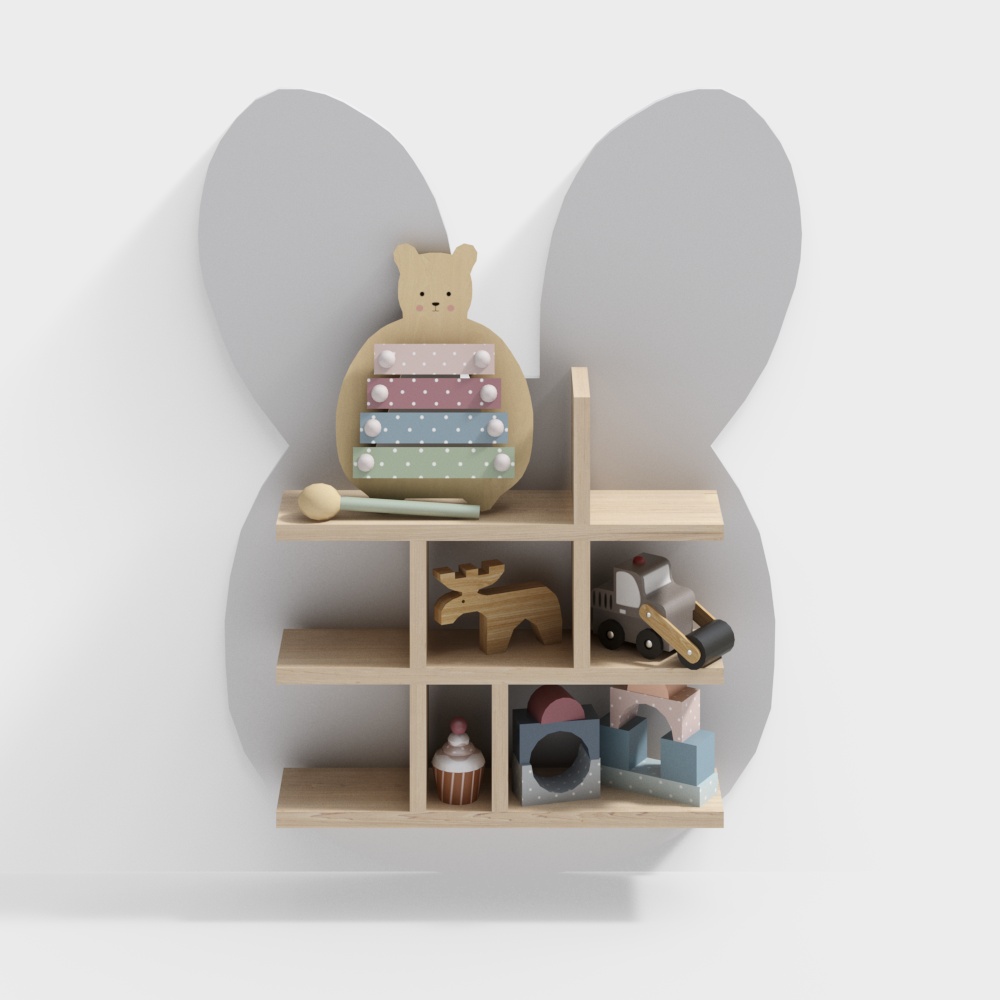 Whimsical Children's Bookshelf 3D Model – Low-Poly Rabbit Design
