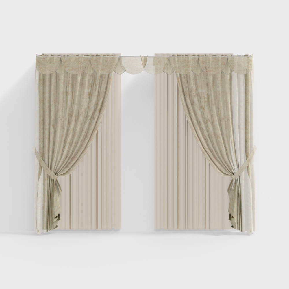 Elegant Low-Polygon Curtain 3D Model – Beige Patterned Fabric
