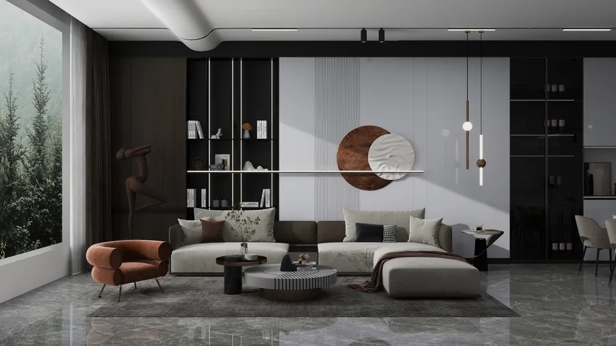 Modern living room with grey sofa orange armchair marble floor bookshelf wall panel and window