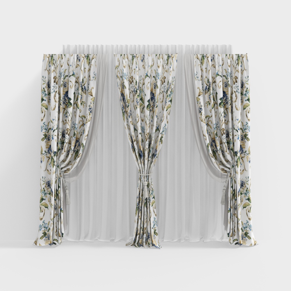 Elegant Floral Curtain 3D Model – Soft Floral Fabric