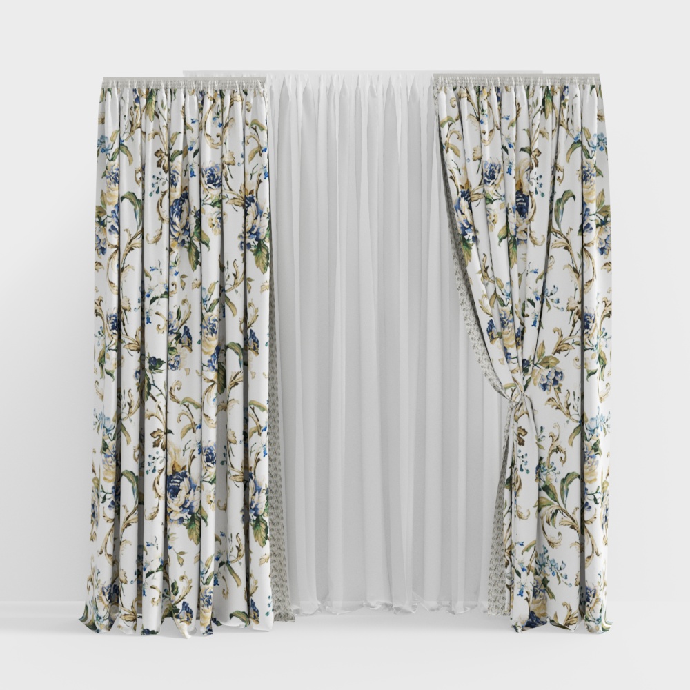 Floral Elegance Curtain 3D Model – Low-Poly Floral Design