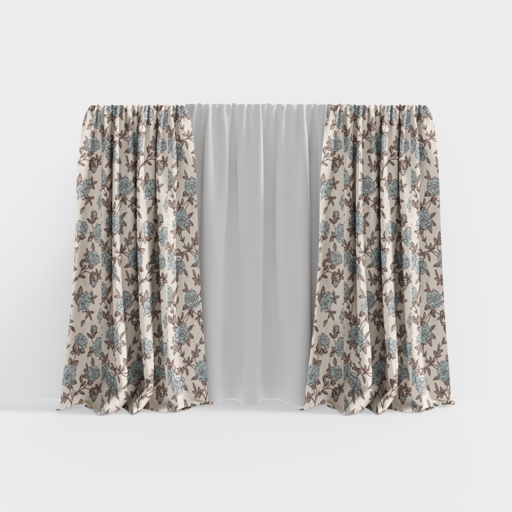 Vintage Curtain 3D Model – Floral Silk Fabric