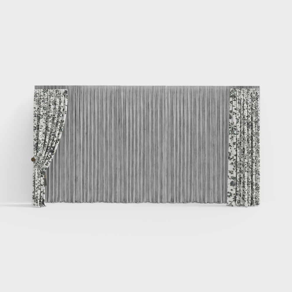 Elegant Gray Curtain 3D Model – Floral Pattern Fabric