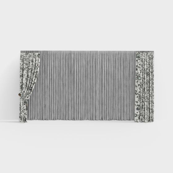 Elegant Gray Curtain 3D model with Floral Pattern