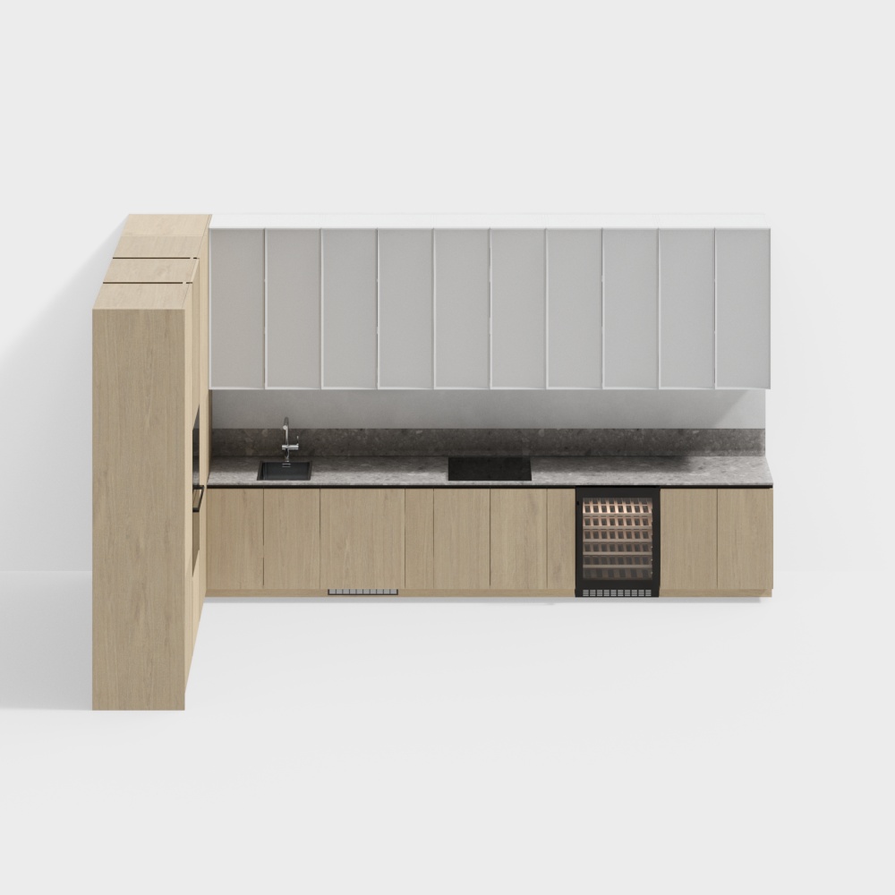 Minimalist Kitchen Cabinet 3D Model – Light Wood & Marble