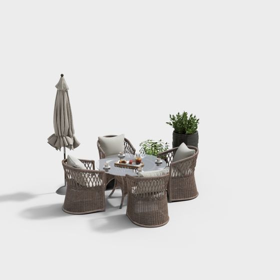Modern Outdoor Leisure Table and Chair Combination 3D Model in Brown