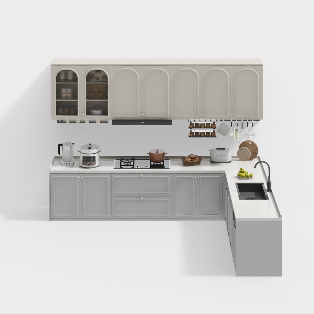 Modern Low-Poly Kitchen 3D Model – Gray Cabinetry & Appliances