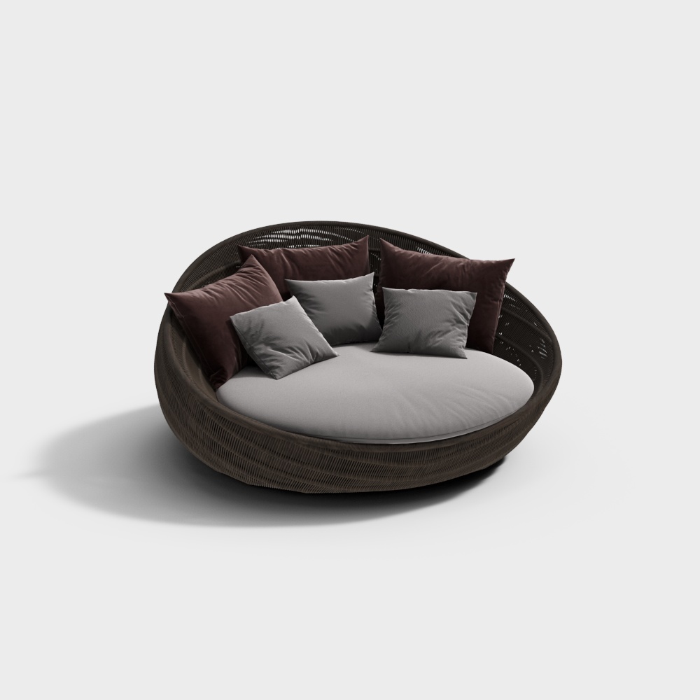 Elegant Round Bed 3D Model – Woven Frame & Gray Mattress
