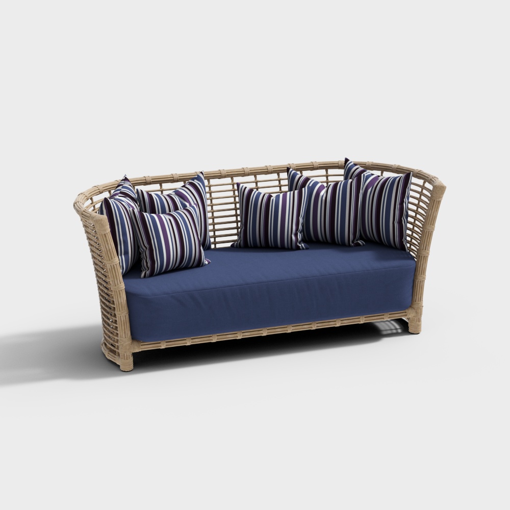 Chic Low-Polygon Sofa 3D Model – Wooden Frame & Blue Cushions