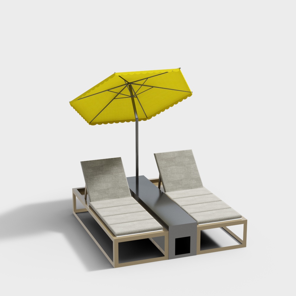 Modern Beach Loungers with Umbrella 3D Model – Low Poly Relaxation