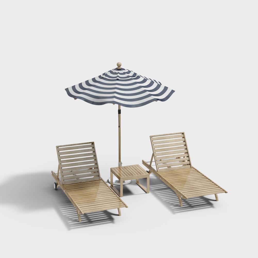 Modern Beach Loungers and Umbrella 3D Model – Coastal Design