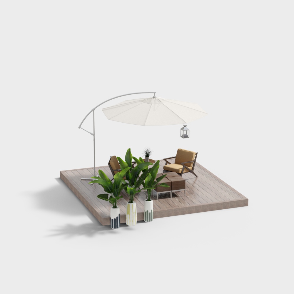 Modern outdoor green plant sun umbrella leisure chair combination