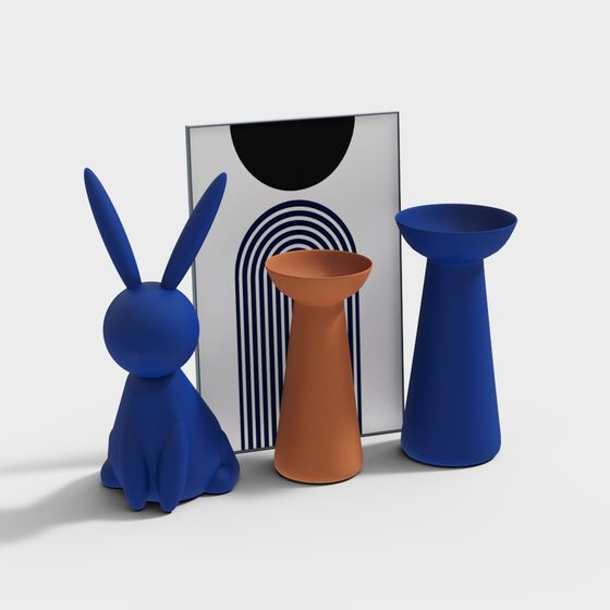 Vibrant Low Poly 3D Model with Blue Rabbit and Vases