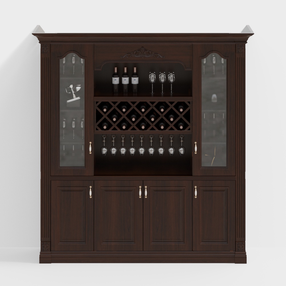 Elegant Wine Cabinet 3D Model – Brown Wood & Glass