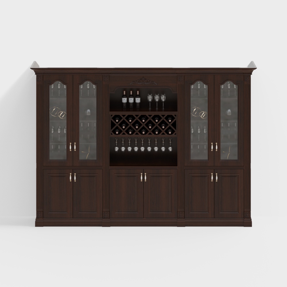 Elegant Wine Cabinet 3D Model – Wood and Glass Design