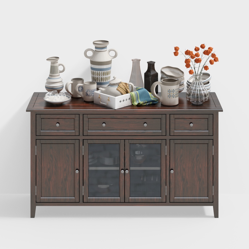 Vintage-Style Storage Cabinet 3D Model – Wood & Glass