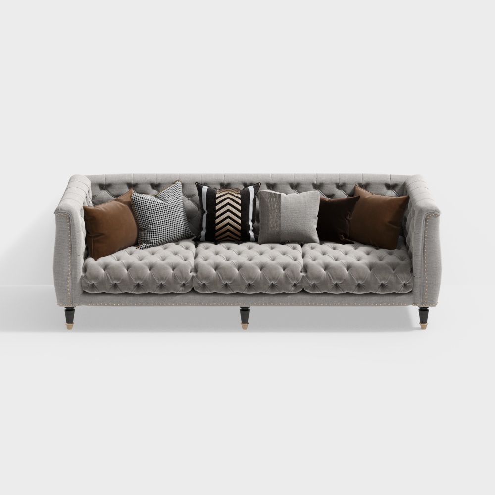 Elegant Low-Poly 3D Sofa Model – Gray Velvet Upholstery