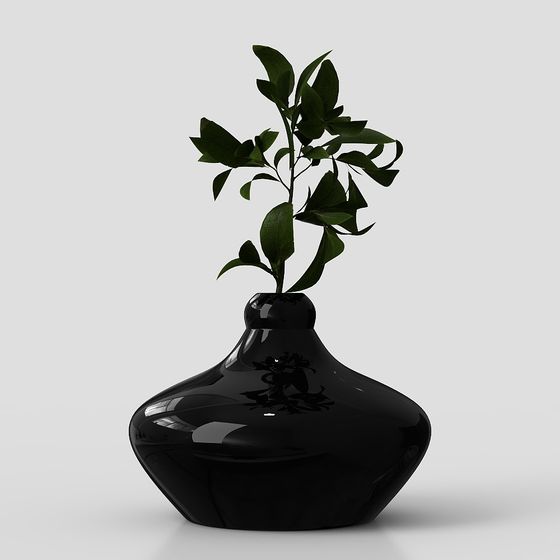 Elegant Black Mirror Vase 3D model with Green Foliage
