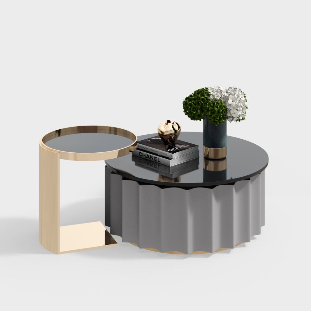 Elegant Round Table 3D Model – Black Glass & Gold Frame