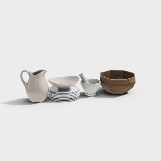 Elegant Ceramic and Wood Tableware 3D model