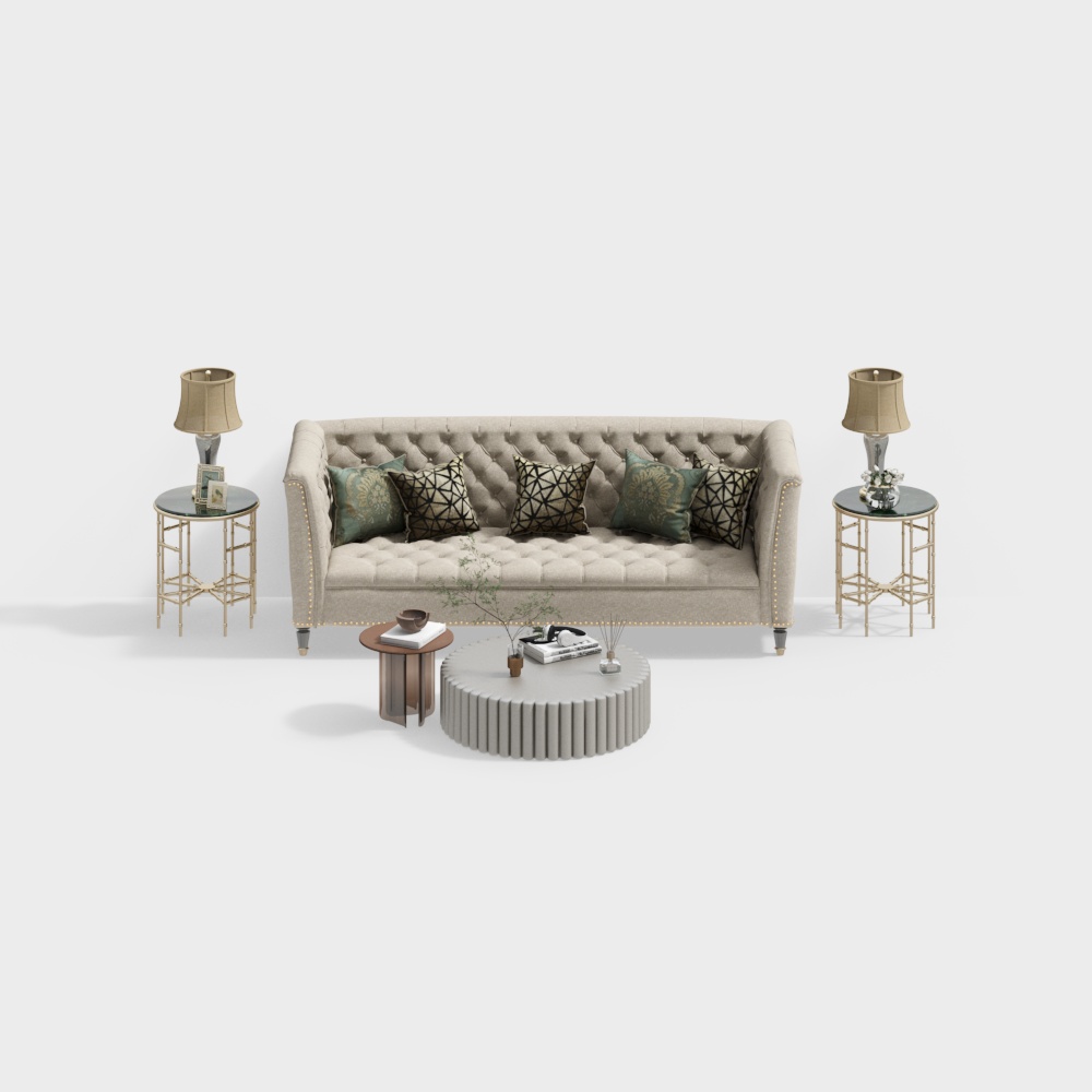 Elegant Low-Polygon Sofa Set – Modern Gray & Gold