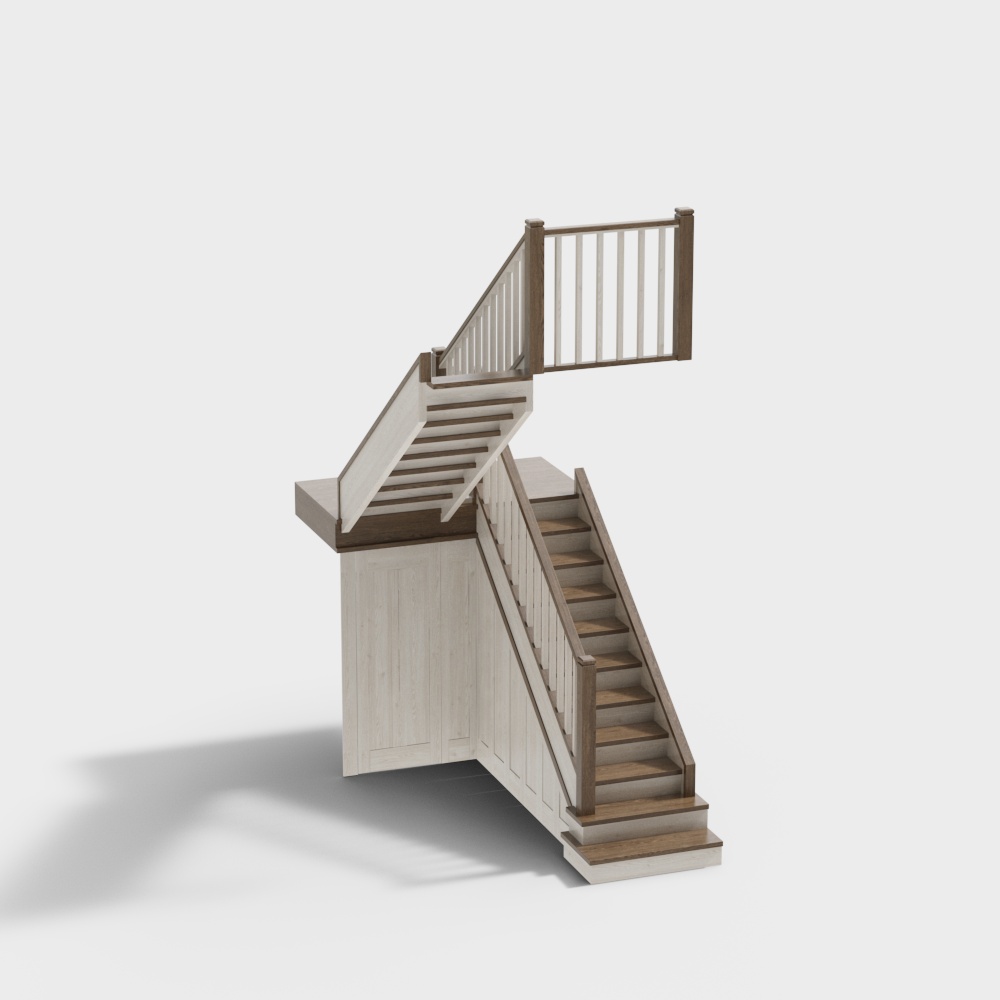 Elegant Curved Staircase 3D Model – Wood and White Railings