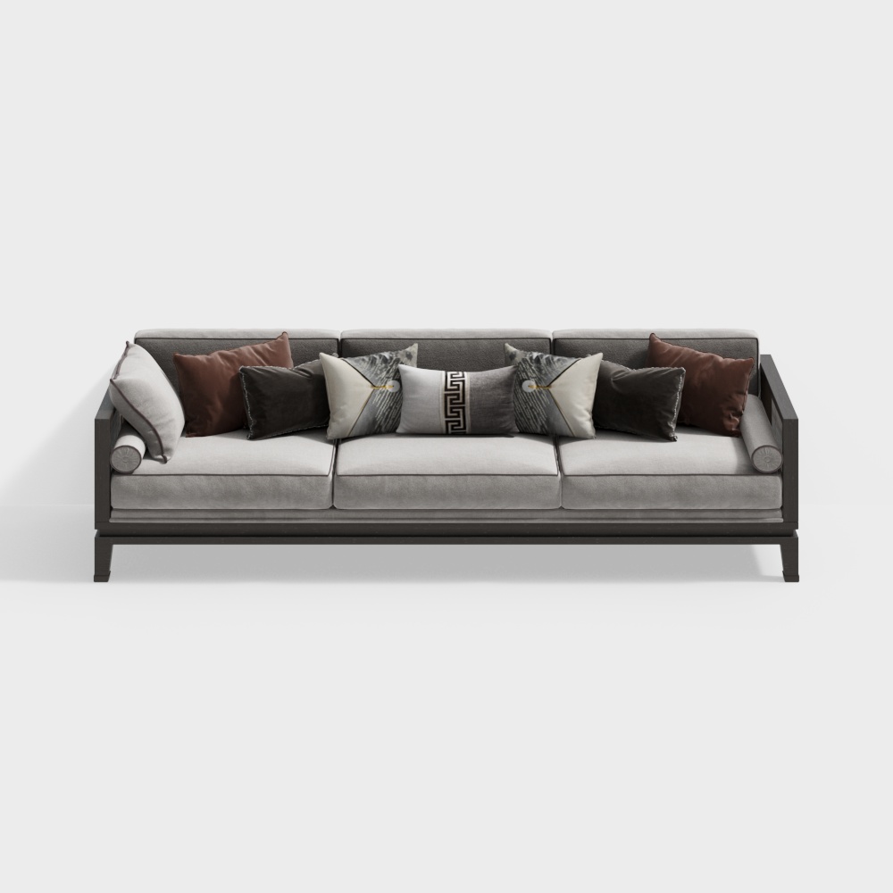 Elegant Low-Polygon Sofa 3D Model – Gray Fabric & Wood Frame