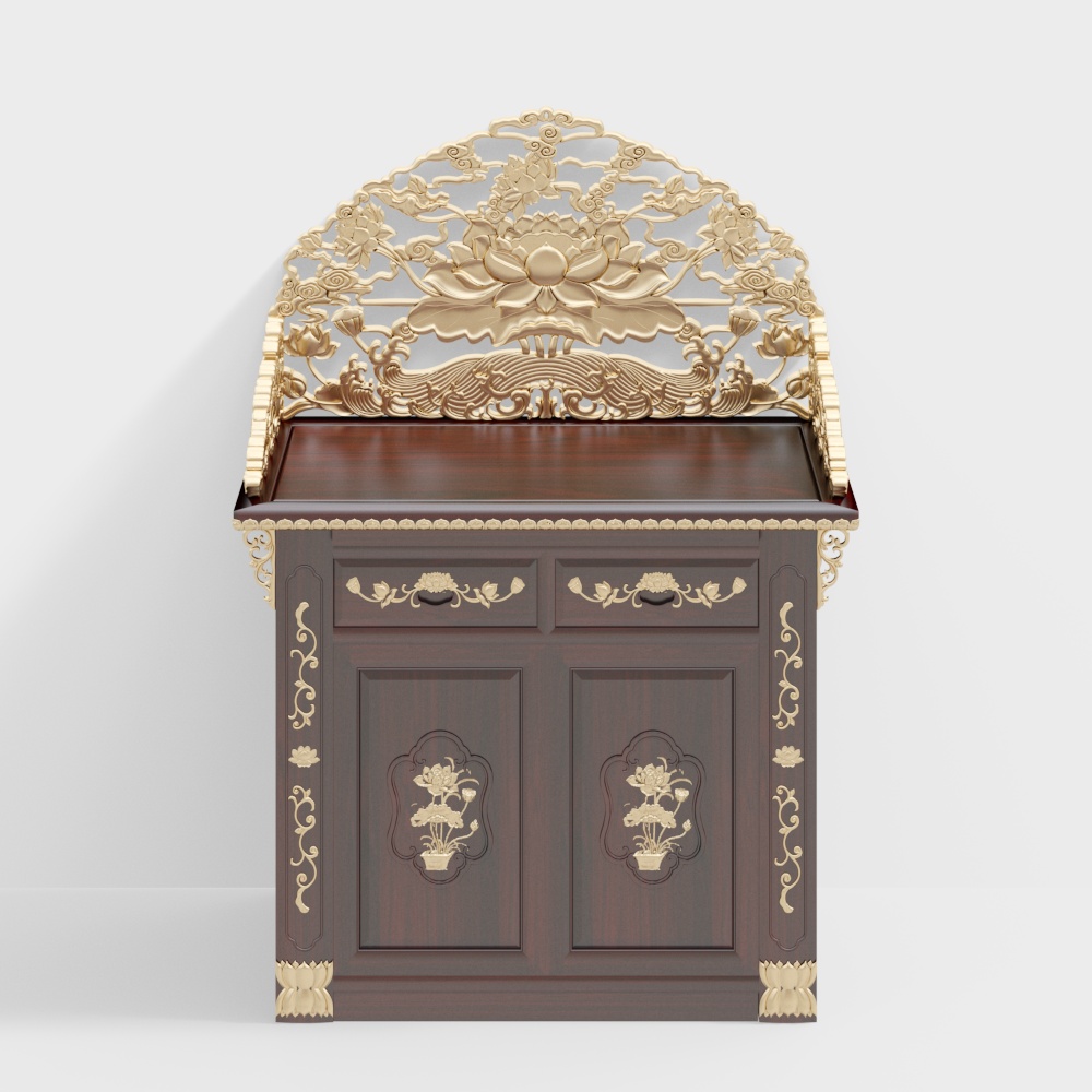 Vintage Cabinet 3D Model – Low-Polygon Wood & Gold