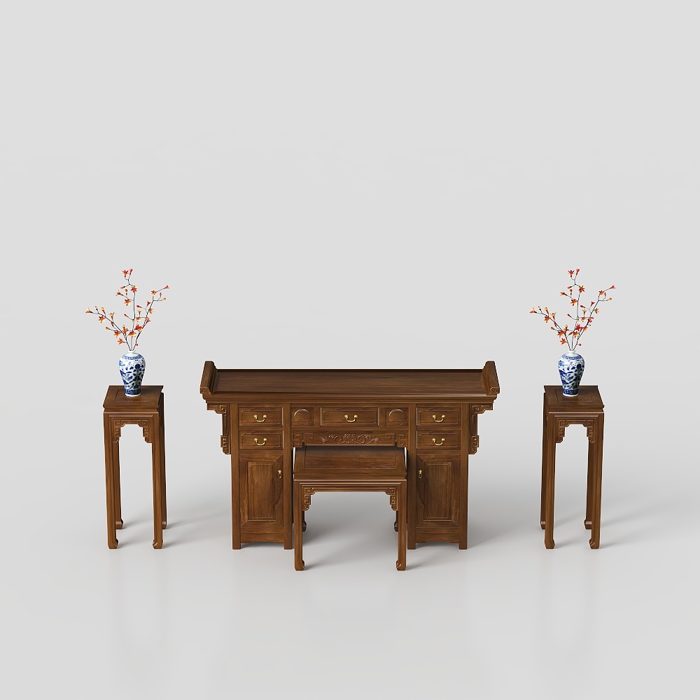 Elegant Chinese Classical Furniture 3D Model – Warm Wood & Gold
