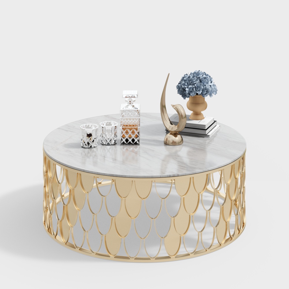 Elegant Round Table 3D Model – Marble and Gold Frame