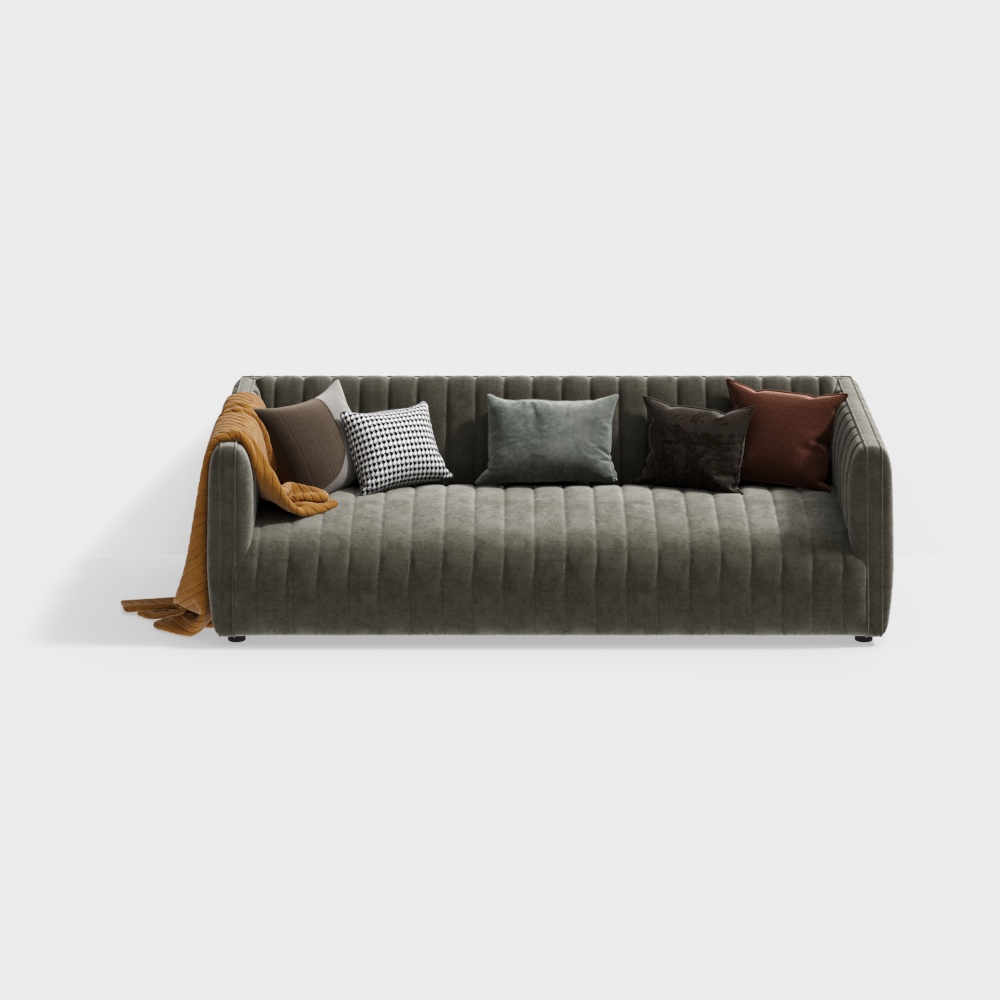 Elegant Modern Sofa 3D Model – Gray Velvet Upholstery