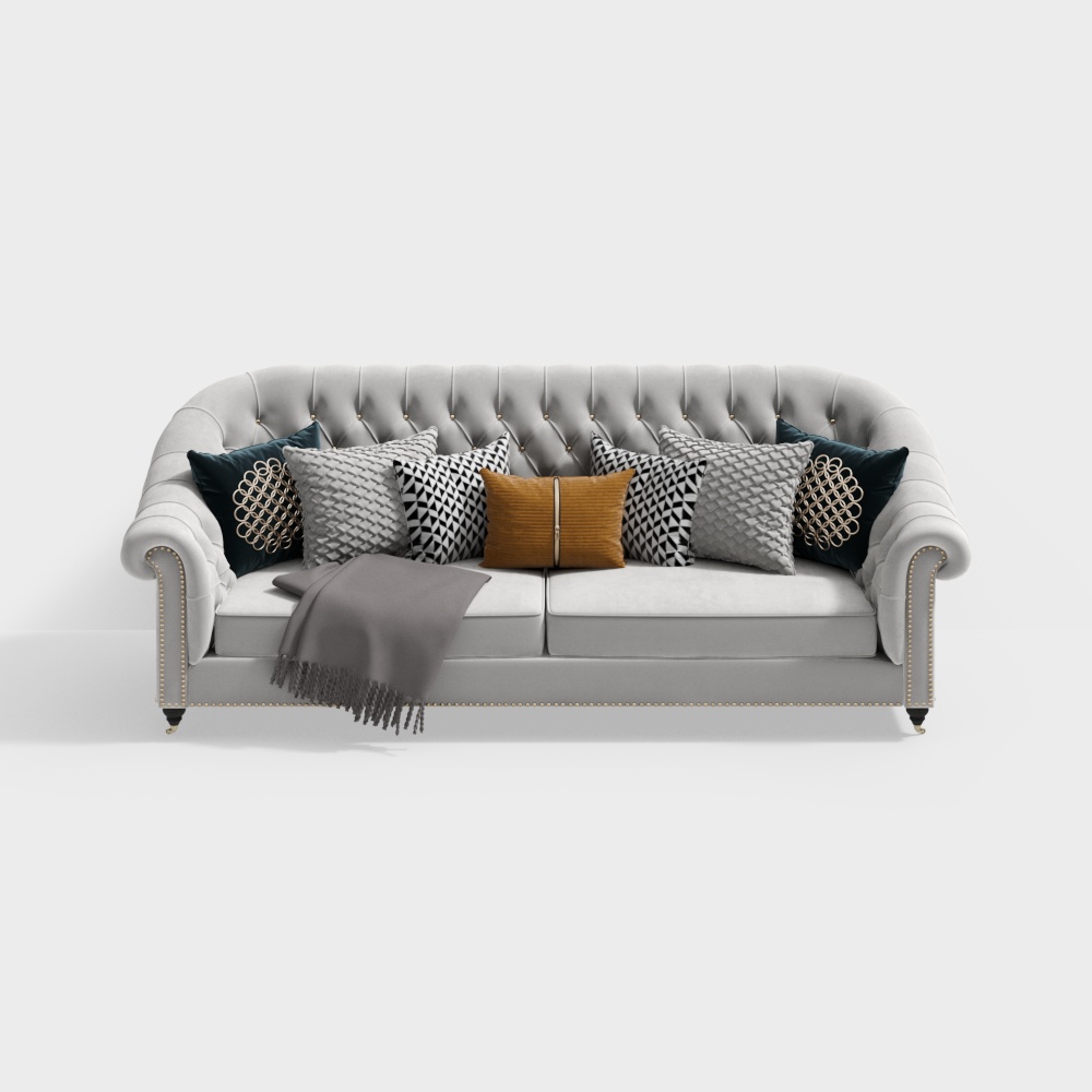 Urban Comfort Sofa 3D Model – Gray Leather with Gold Accents