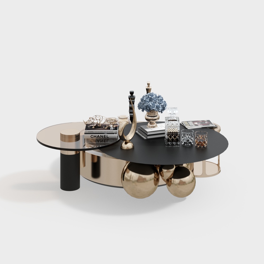 Elegant Coffee Table 3D Model – Black Glass & Gold Frame